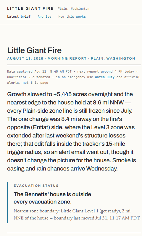 The Little Giant Fire tracker: the morning brief's bottom line and the evacuation status for the Bennetts' house.